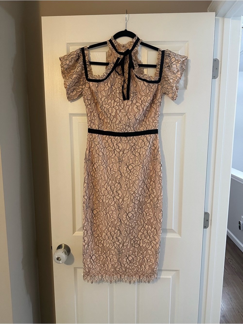 Lace Midi Dress with Contrast Trim - Blush